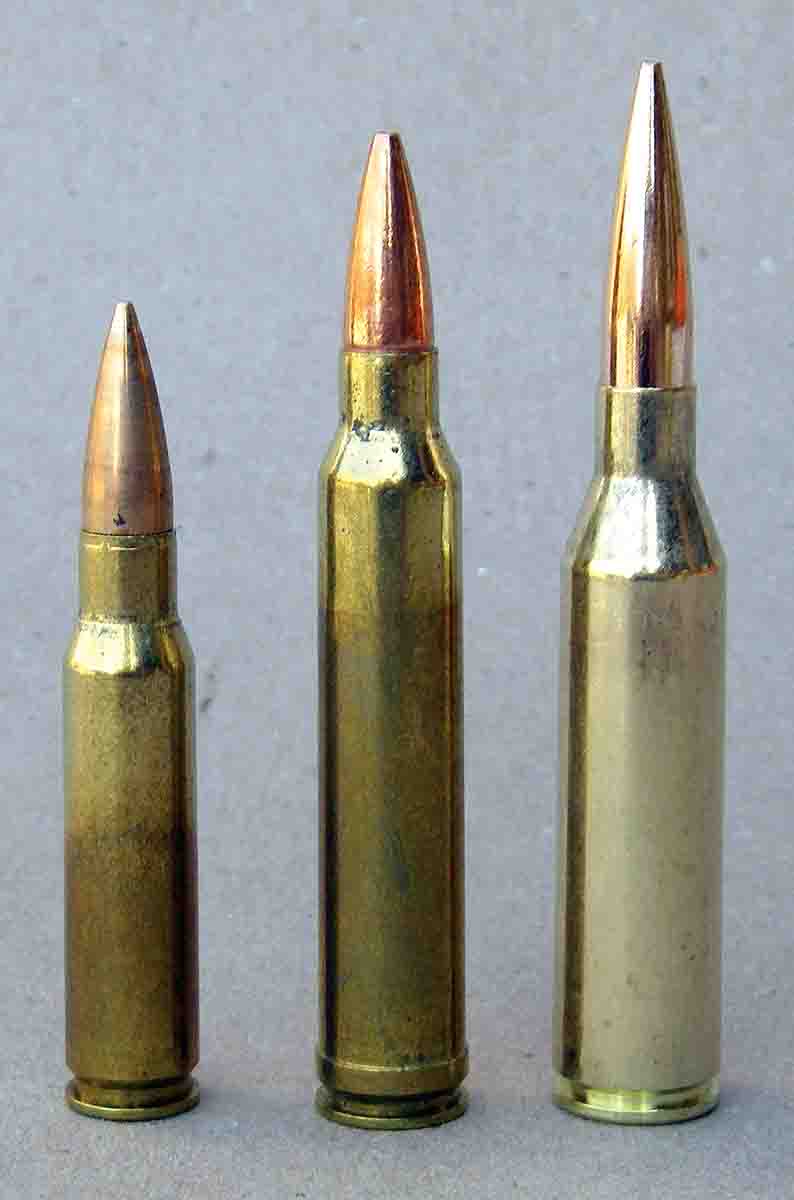 Cartridges shown for comparison include (left to right): the .308 Winchester, .300 Winchester Magnum and .300 Norma Magnum.